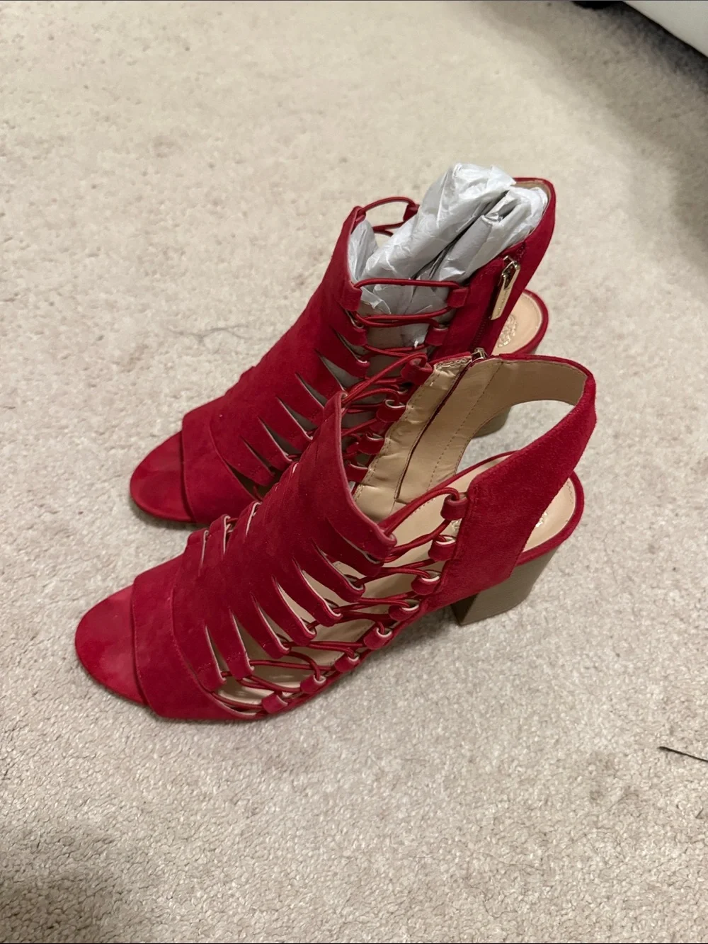 Vince Camuto Red Suede Strappy Block Heel Sandals